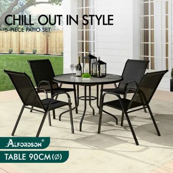 ALFORDSON 5PCS Outdoor Dining Set Round Table and Chairs Black