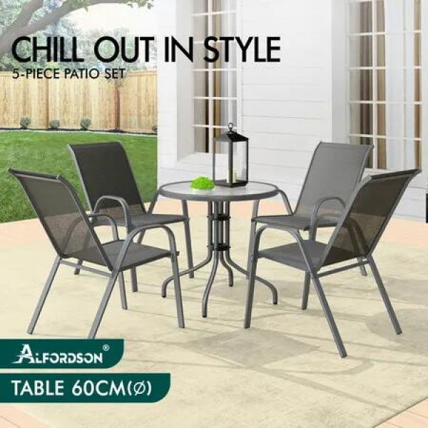 ALFORDSON 5PCS Outdoor Furniture Table and Chairs Set Round Grey