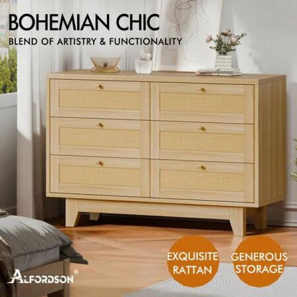 ALFORDSON 6 Chest of Drawers Rattan Storage Cabinet Dresser Tallboy Wood