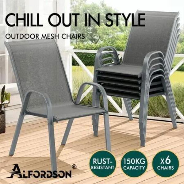 ALFORDSON 6x Outdoor Lounge Chairs Patio Dining Furniture Garden Stackable Grey