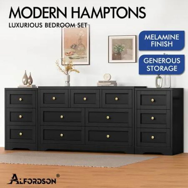 ALFORDSON 7 Chest of Drawers 2x Bedside Table Bedroom Storage Hamptons Black