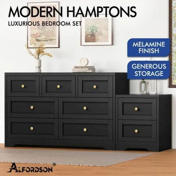 ALFORDSON 7 Chest of Drawers Bedside Table Hamptons Bedroom Storage Black