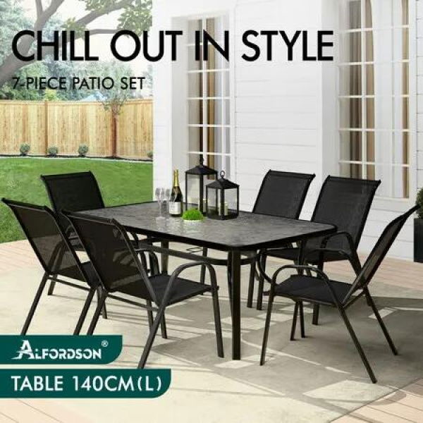 ALFORDSON 7PCS Outdoor Dining Set Patio Table and Chairs Garden Furniture Black