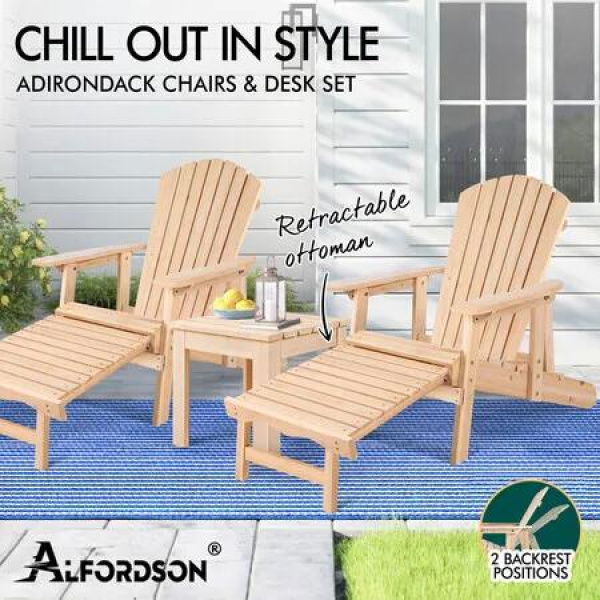 ALFORDSON Adirondack Chairs Table 3PCS Set Wooden Outdoor Furniture Beach Wood