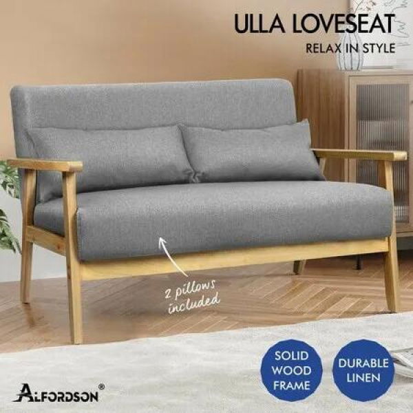 ALFORDSON Armchair 2 Seater Sofa Fabric Lounge Chair Accent Couch Wood Seat Grey