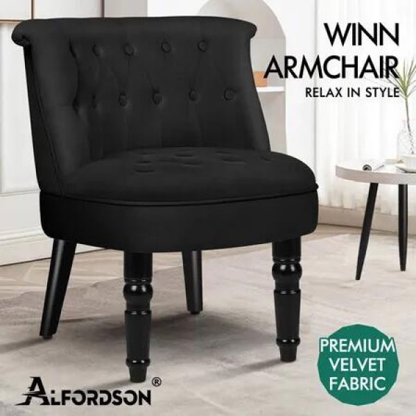 ALFORDSON Armchair Wooden Accent Chair Wingback Lounge Sofa Couch Velvet Seat Black