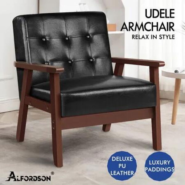 ALFORDSON Armchair Wooden Lounge Accent Chair PU Leather Seat Sofa Couch Black