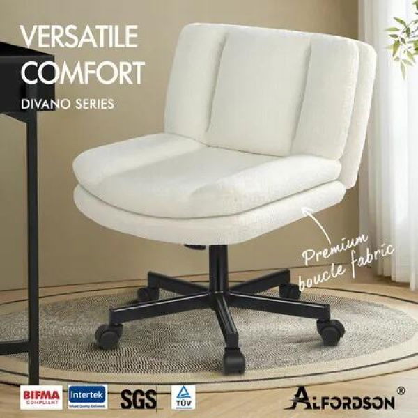 ALFORDSON Armless Office Desk Chair Mid Back Wide Seat w/ Wheels Boucle White