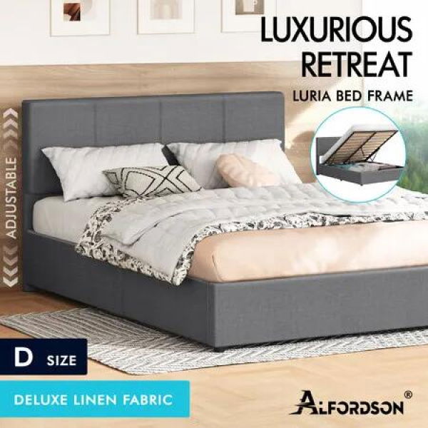 ALFORDSON Bed Frame Double Gas Lift Storage Adjustable Headboard Grey LURIA