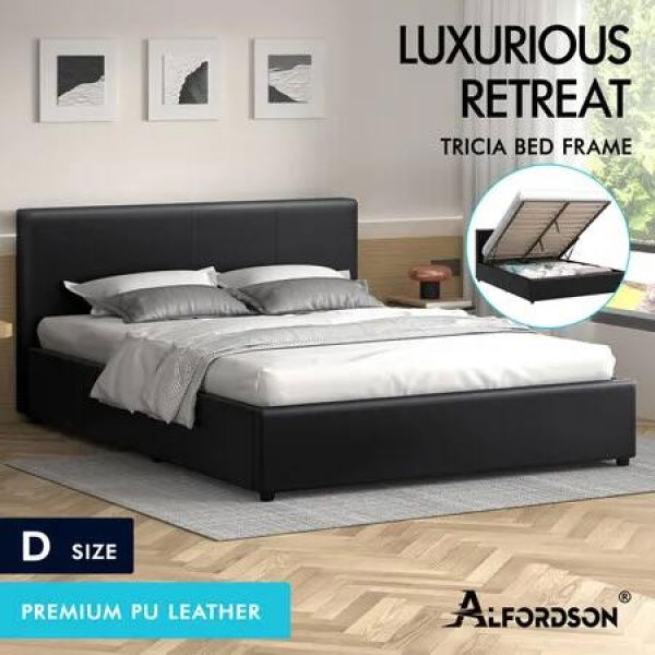 ALFORDSON Bed Frame Double Size Gas Lift Storage Base Black Leather CALLA