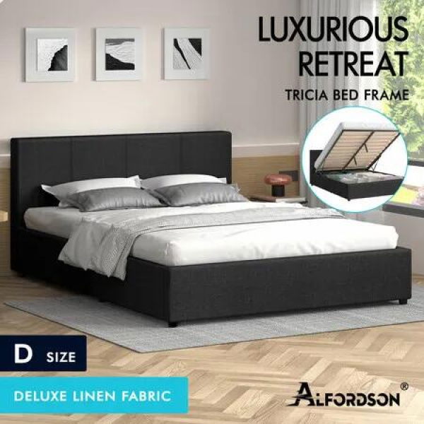 ALFORDSON Bed Frame Double Size Gas Lift Storage Base Fabric Charcoal TRICIA