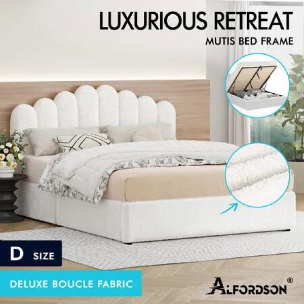 ALFORDSON Bed Frame Double Size Gas Lift Storage Base Wooden Boucle White MUTIS