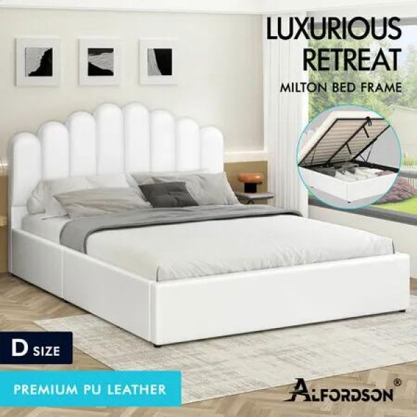 ALFORDSON Bed Frame Double Size Gas Lift Storage Base Wooden White MILTON