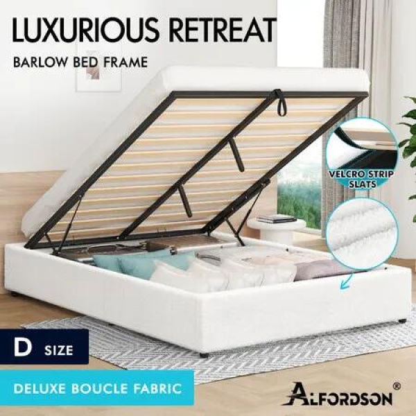 ALFORDSON Bed Frame Double Size Gas Lift Storage Mattress Base Boucle BARLOW