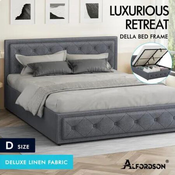 ALFORDSON Bed Frame Double Size Gas Lift Storage Mattress Base Fabric Grey