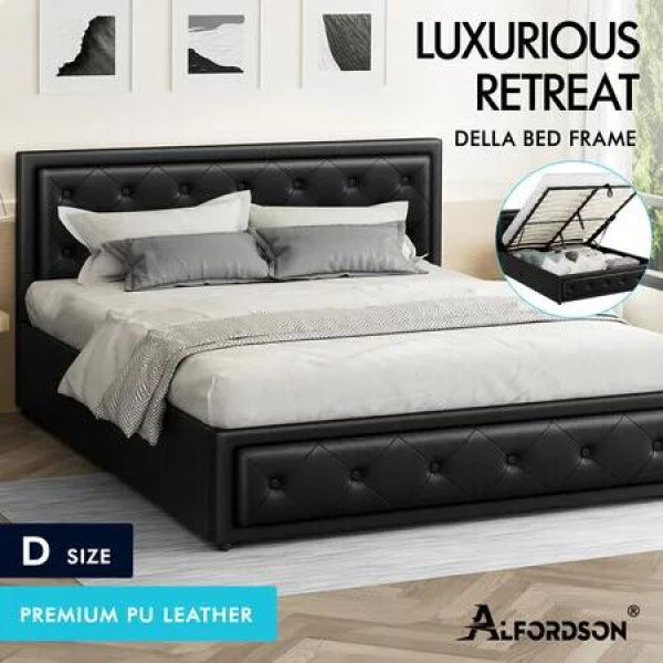 ALFORDSON Bed Frame Double Size Gas Lift Storage Mattress Base Leather Black