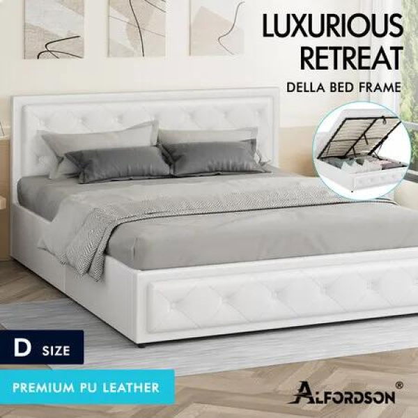 ALFORDSON Bed Frame Double Size Gas Lift Storage Mattress Base Leather White