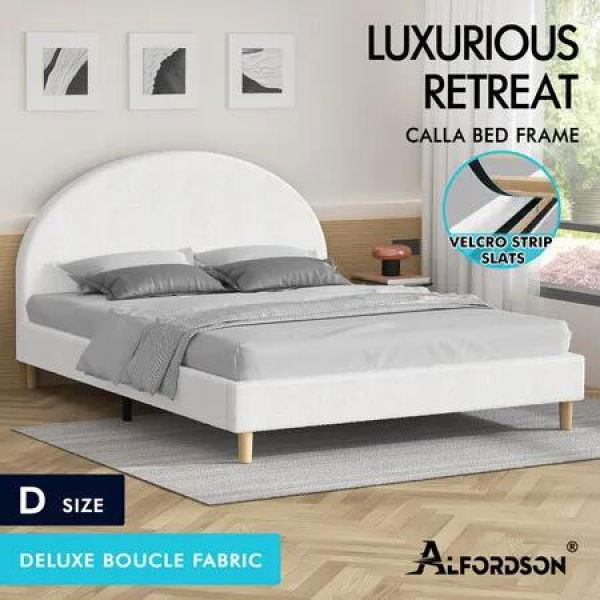 ALFORDSON Bed Frame Double Size Mattress Base Platform White Boucle CALLA