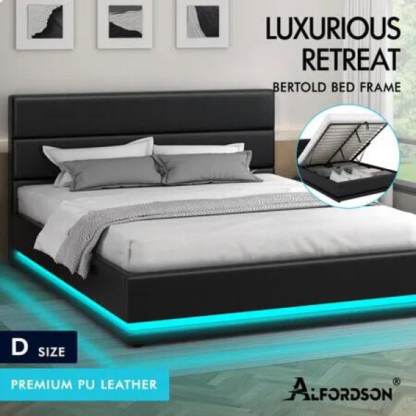 ALFORDSON Bed Frame Double Size Platform RGB LED Gas Lift Base Storage Black