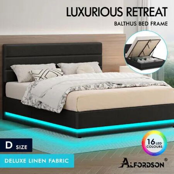 ALFORDSON Bed Frame Double Size Platform RGB LED Gas Lift Storage Base Charcoal