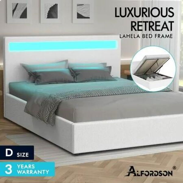 ALFORDSON Bed Frame Double Size RGB LED Gas Lift Base Platform Storage Boucle