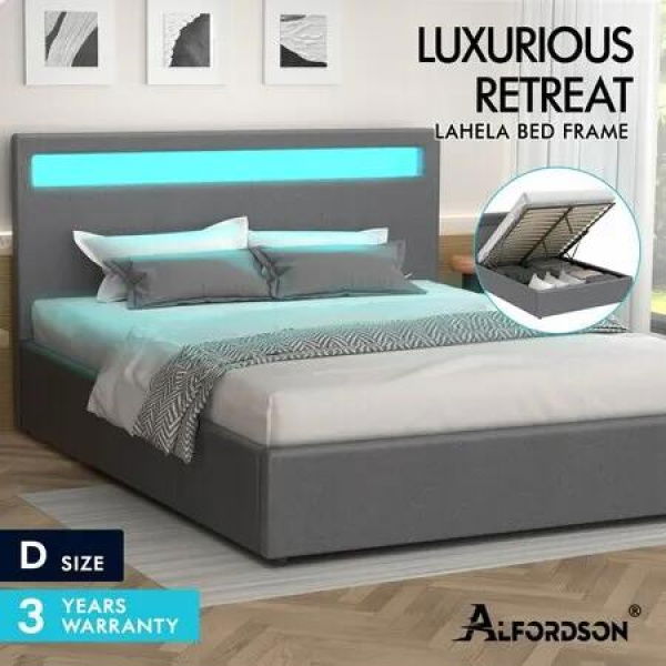 ALFORDSON Bed Frame Double Size RGB LED Gas Lift Base Platform Storage Grey