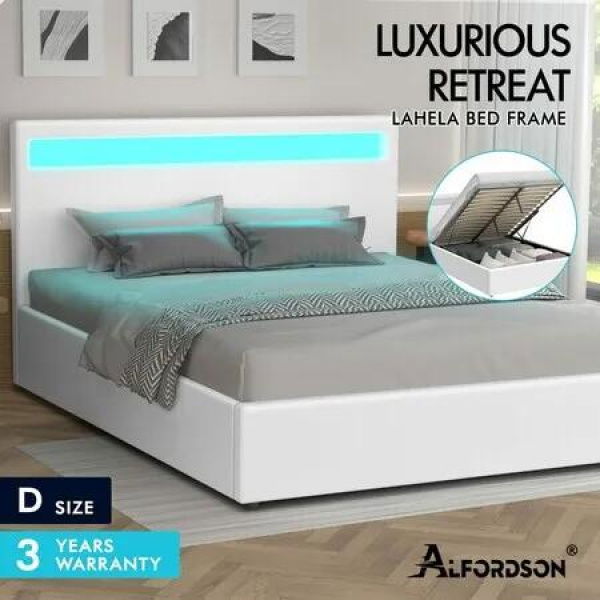 ALFORDSON Bed Frame Double Size RGB LED Gas Lift Base Platform Storage White