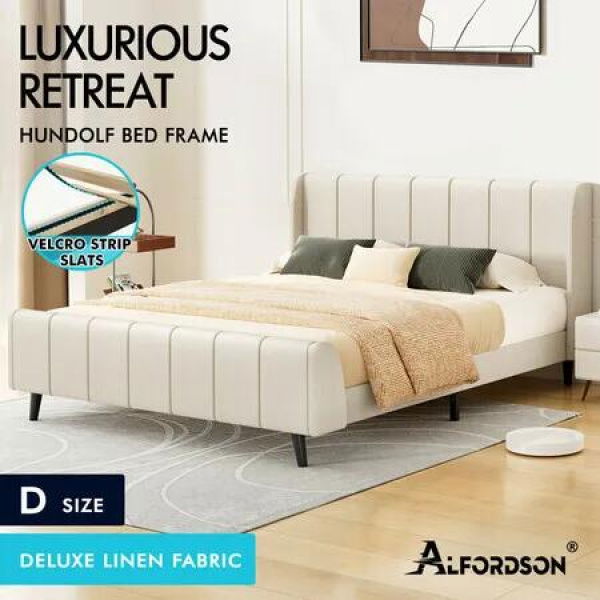 ALFORDSON Bed Frame Double Size Tufted Headboard Base Beige Fabric HUNDOLF