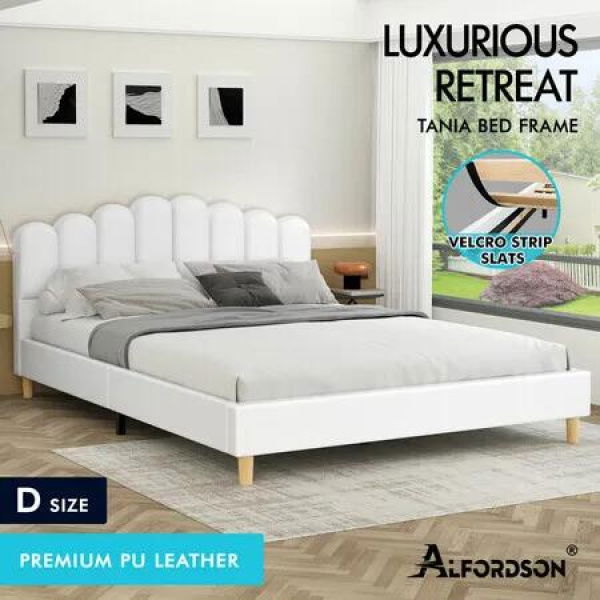 ALFORDSON Bed Frame Double Size Upholstered Platform Base Leather White TANIA