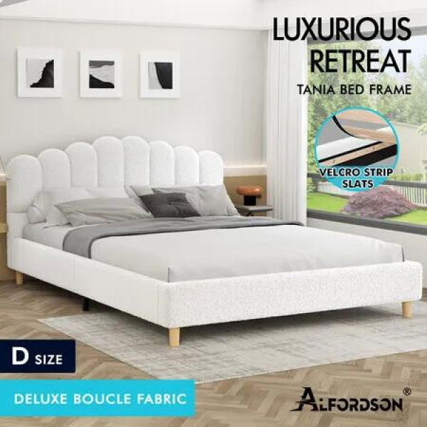 ALFORDSON Bed Frame Double Size Upholstered Platform Base White Boucle TANIA