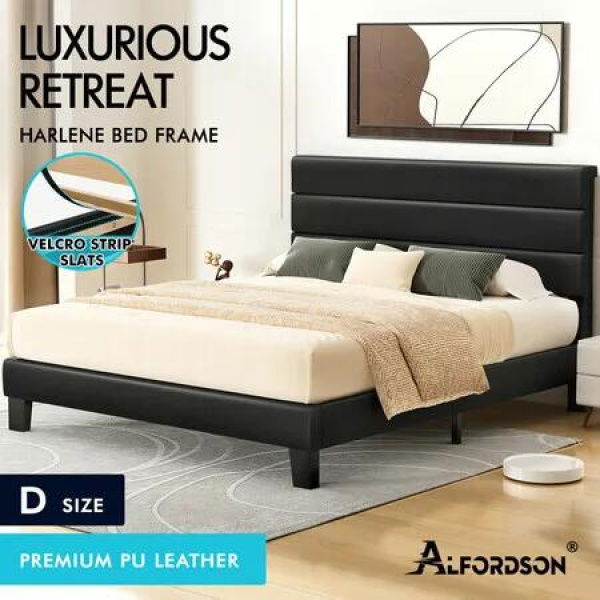 ALFORDSON Bed Frame Double Size Upholstered Platform Black Leather HARLENE