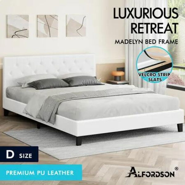 ALFORDSON Bed Frame Double Size Wooden Base Platform Leather White MADELYN