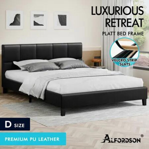 ALFORDSON Bed Frame Double Size Wooden Platform Mattress Base Leather Black