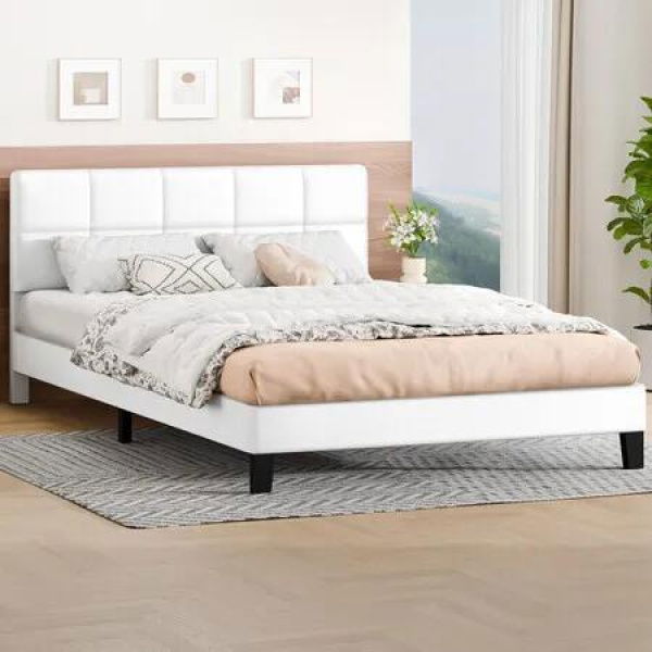 ALFORDSON Bed Frame Double Size Wooden Slats Platform Leather White Paula