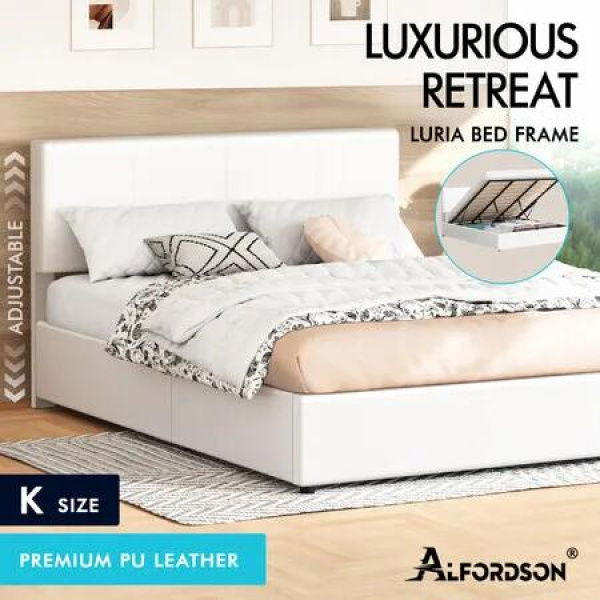 ALFORDSON Bed Frame King Gas Lift Storage Adjustable Headboard White LURIA