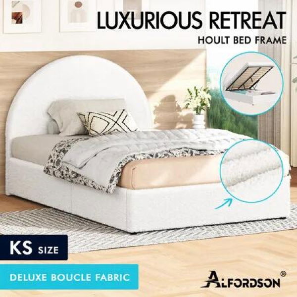 ALFORDSON Bed Frame King Single Arched Base Gas Lift Storage Boucle White Hoult