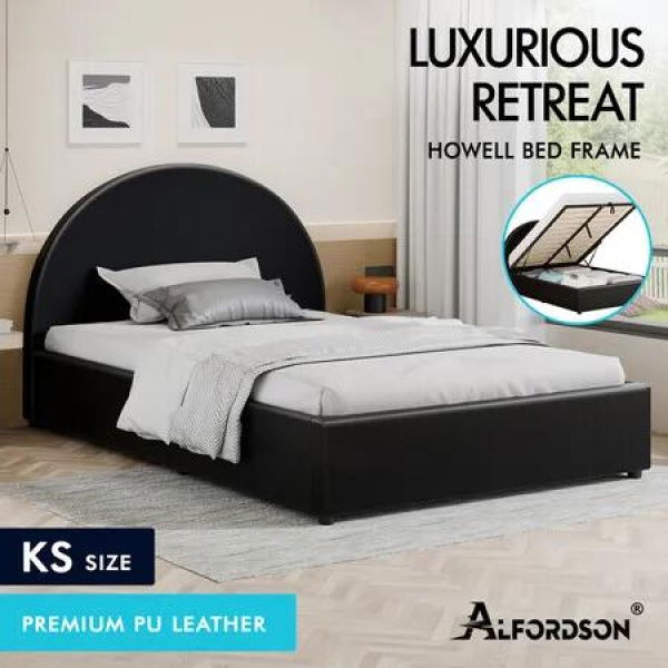 ALFORDSON Bed Frame King Single Gas Lift Base With Storage Black Leather HOWELL