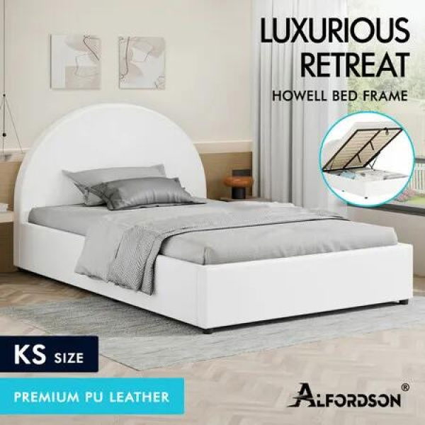 ALFORDSON Bed Frame King Single Gas Lift Base With Storage White Leather HOWELL