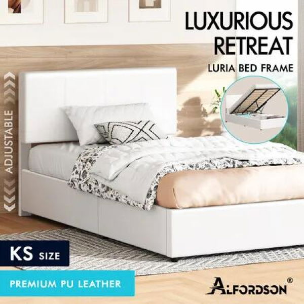 ALFORDSON Bed Frame King Single Gas Lift Storage Adjustable Headboard White