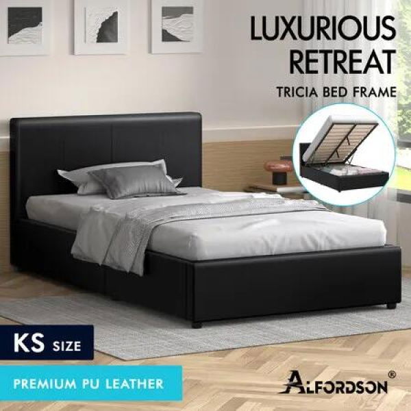 ALFORDSON Bed Frame King Single Gas Lift Storage Base Black Leather CALLA