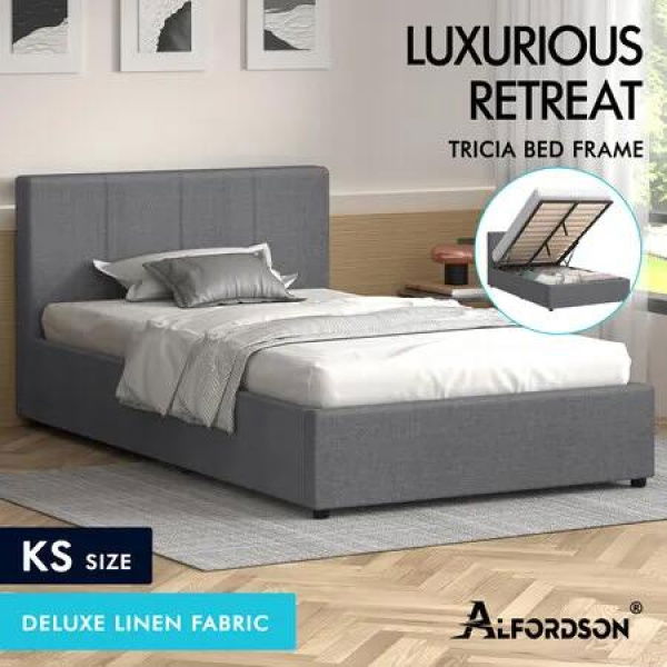 ALFORDSON Bed Frame King Single Gas Lift Storage Base Grey Fabric CALLA