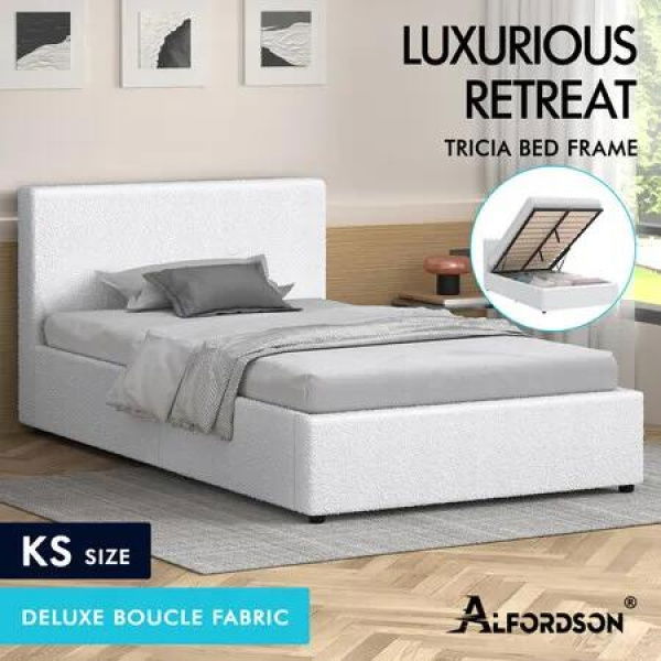 ALFORDSON Bed Frame King Single Gas Lift Storage Base White Boucle TRICIA