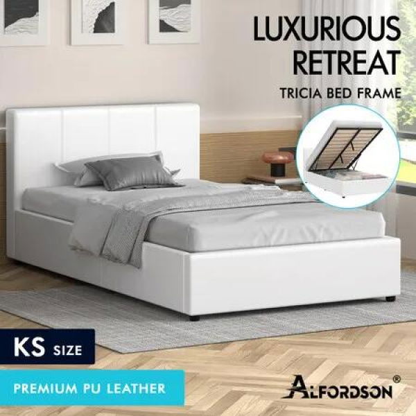 ALFORDSON Bed Frame King Single Gas Lift Storage Base White Leather TRICIA