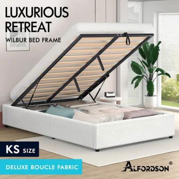 ALFORDSON Bed Frame King Single Gas Lift Storage Mattress Base Boucle WILBUR