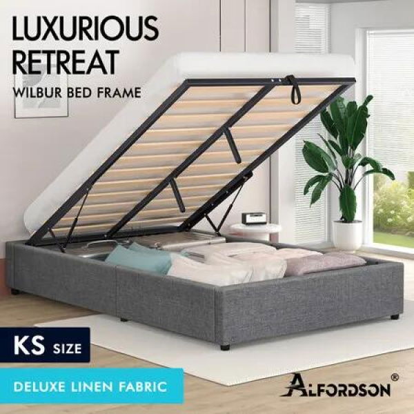 ALFORDSON Bed Frame King Single Gas Lift Storage Mattress Base Grey WILBUR