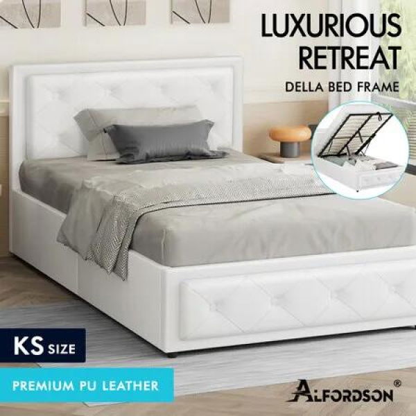 ALFORDSON Bed Frame King Single Gas Lift Storage Mattress Base Leather White