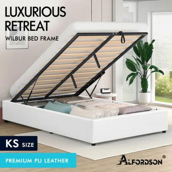 ALFORDSON Bed Frame King Single Gas Lift Storage Mattress Base White WILBUR