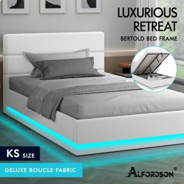 ALFORDSON Bed Frame King Single Platform RGB LED Gas Lift Base Storage Boucle