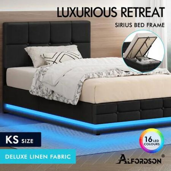 ALFORDSON Bed Frame King Single Platform RGB LED Gas Lift Base Storage Charcoal