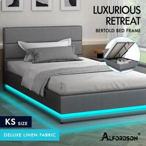 ALFORDSON Bed Frame King Single Size Platform RGB LED Gas Lift Base Storage Grey